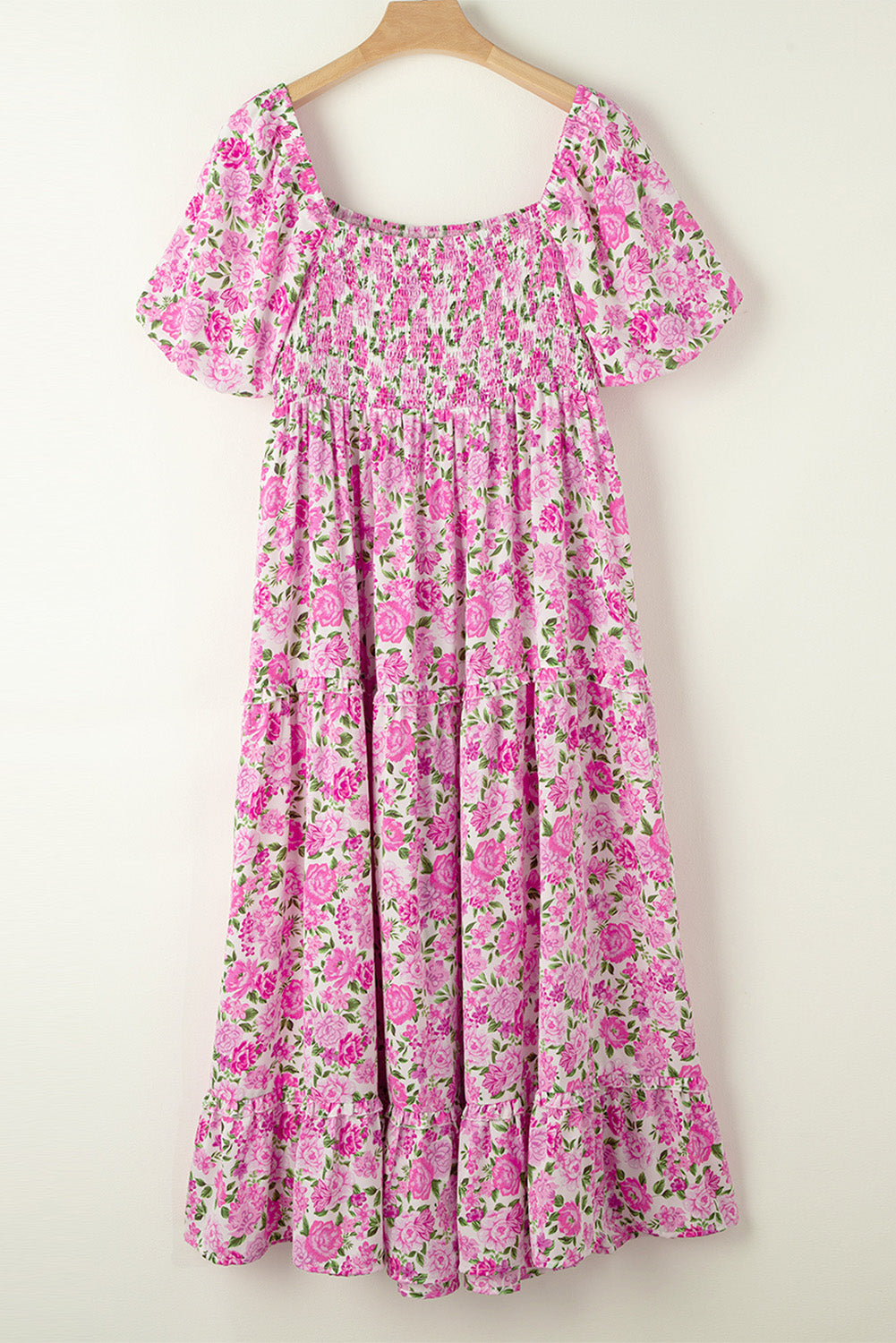 Robe Rose Smockée à Manches Bouffantes et Imprimé Floral de Grande Taille