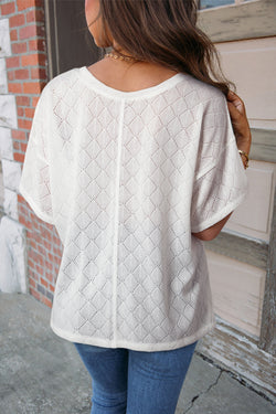 Fluid white knitted blouse with v -neck collar