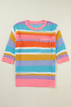 Pull with 3/4 sleeve in openwork hook with pink stripes and color block