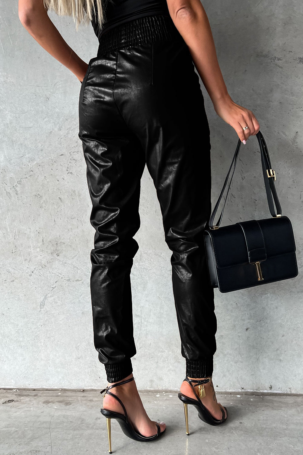 Black Smocked High Waisted Leather Skinny Pants