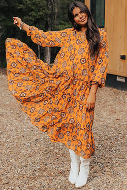 Orange Western Geometric Print Midi Dress with Tiered Ruffles, Loose Fit