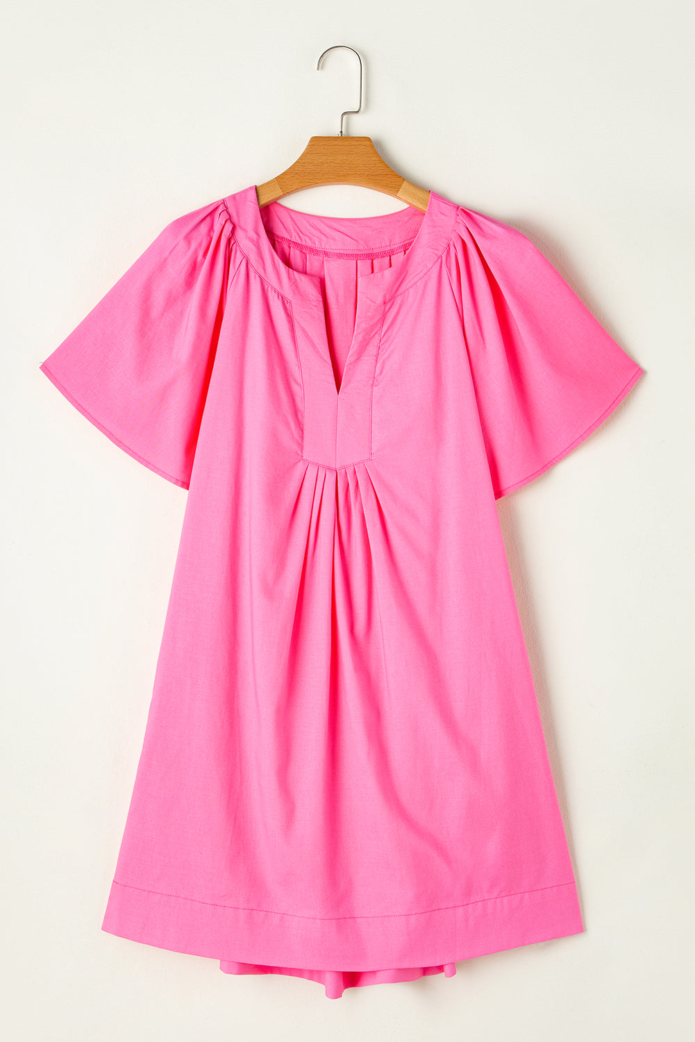 Bonbon Split V Neck Short Flutter Sleeve Pleated Shift Dress