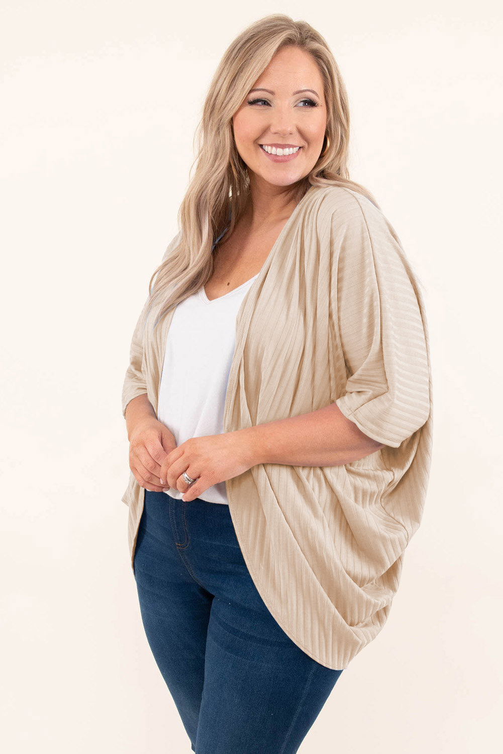 Apricot Shimmer Ribbed Texture Plus Size Cardigan