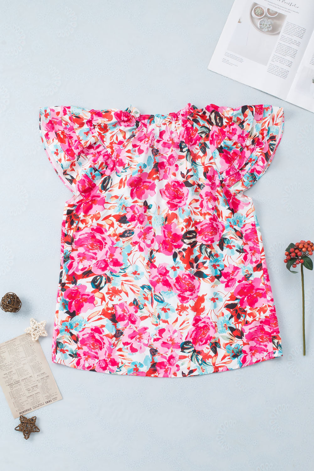 Rose Ruffle Flutter Sleve Floral Print Print