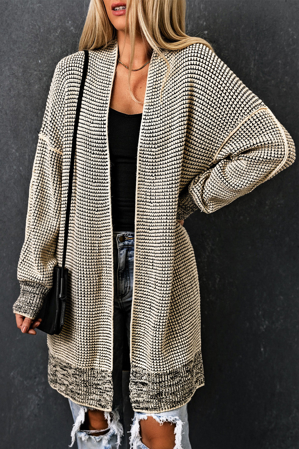 Cardigan long tricoté à carreaux abricot ouvert sur le devant-A WOMAN WE LOVE