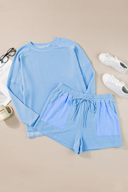 Plus Size Light Blue Ribbed Long Sleeve Top and Drawstring Shorts Set