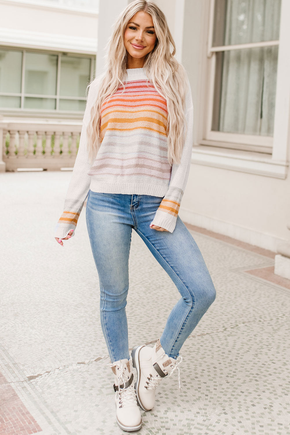 Multi-colored striped crew neck long sleeve sweater