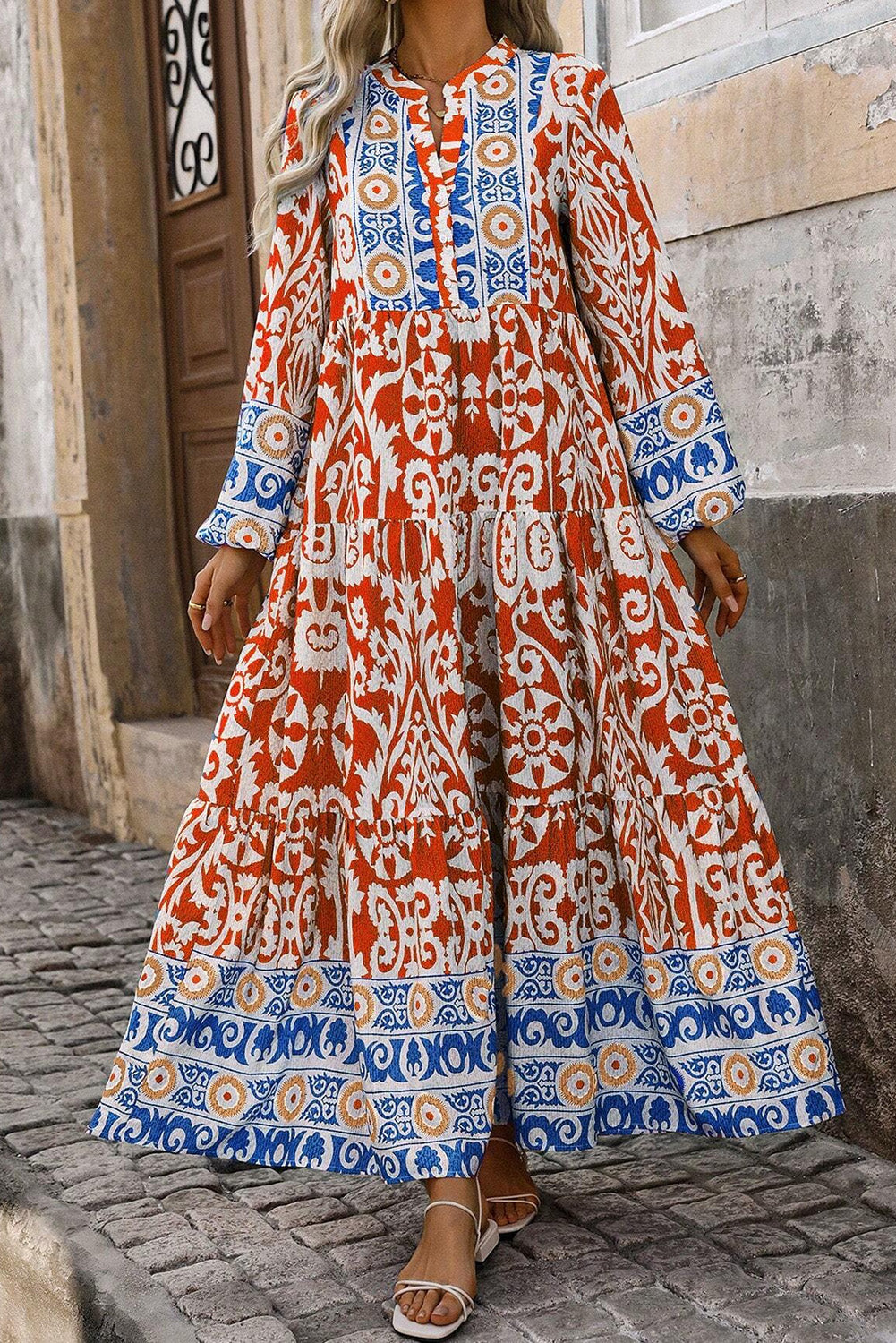 Orange Boho Geometrisch gedrucktes Langarm -Maxikleid