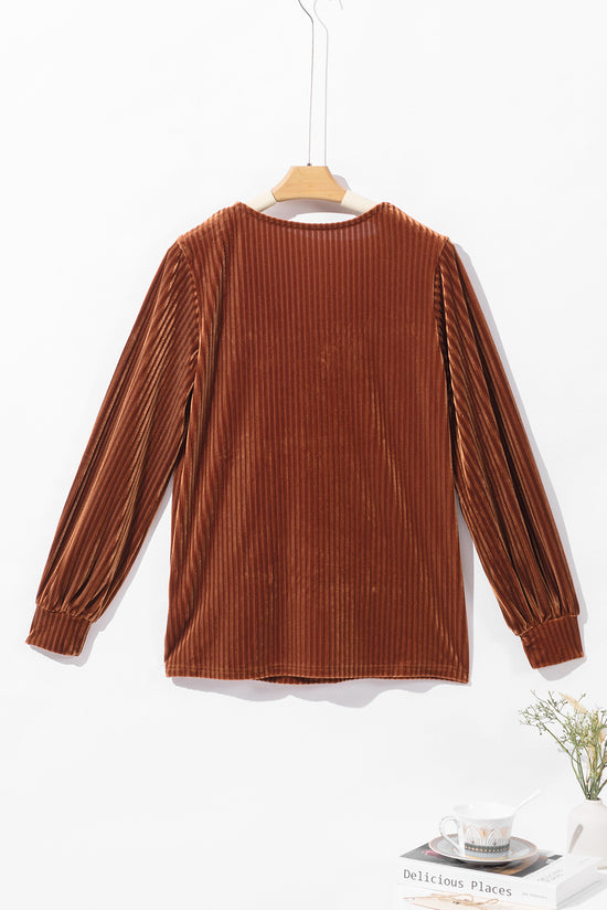 Ribbed velvet high in V-neck and brown halfzip