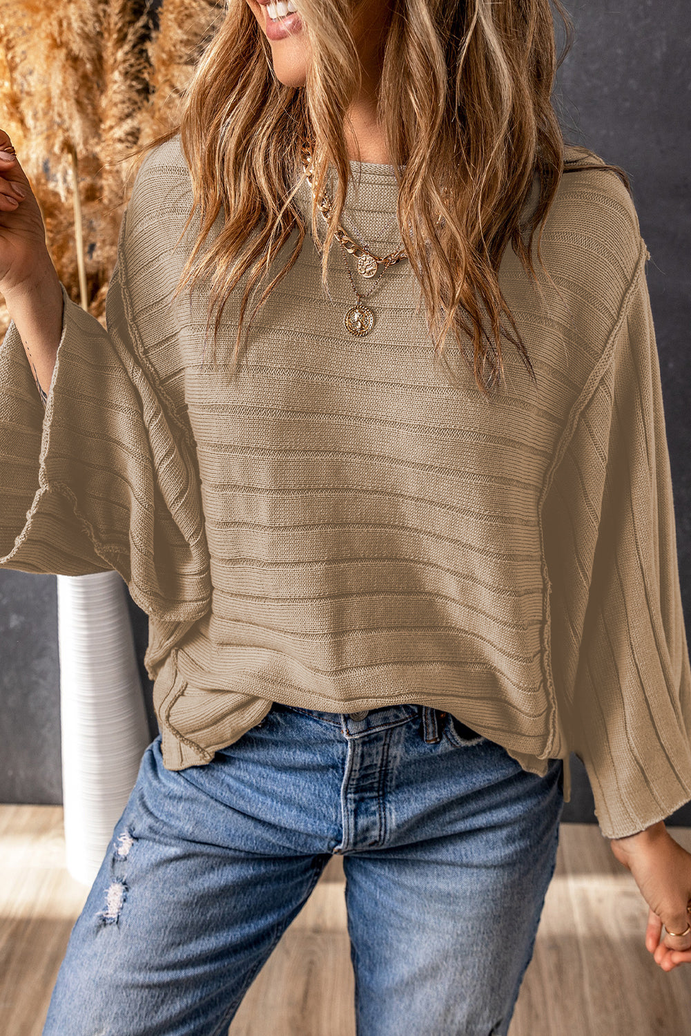 Brown Exposed Seam Ribbed Knit Dolman Top