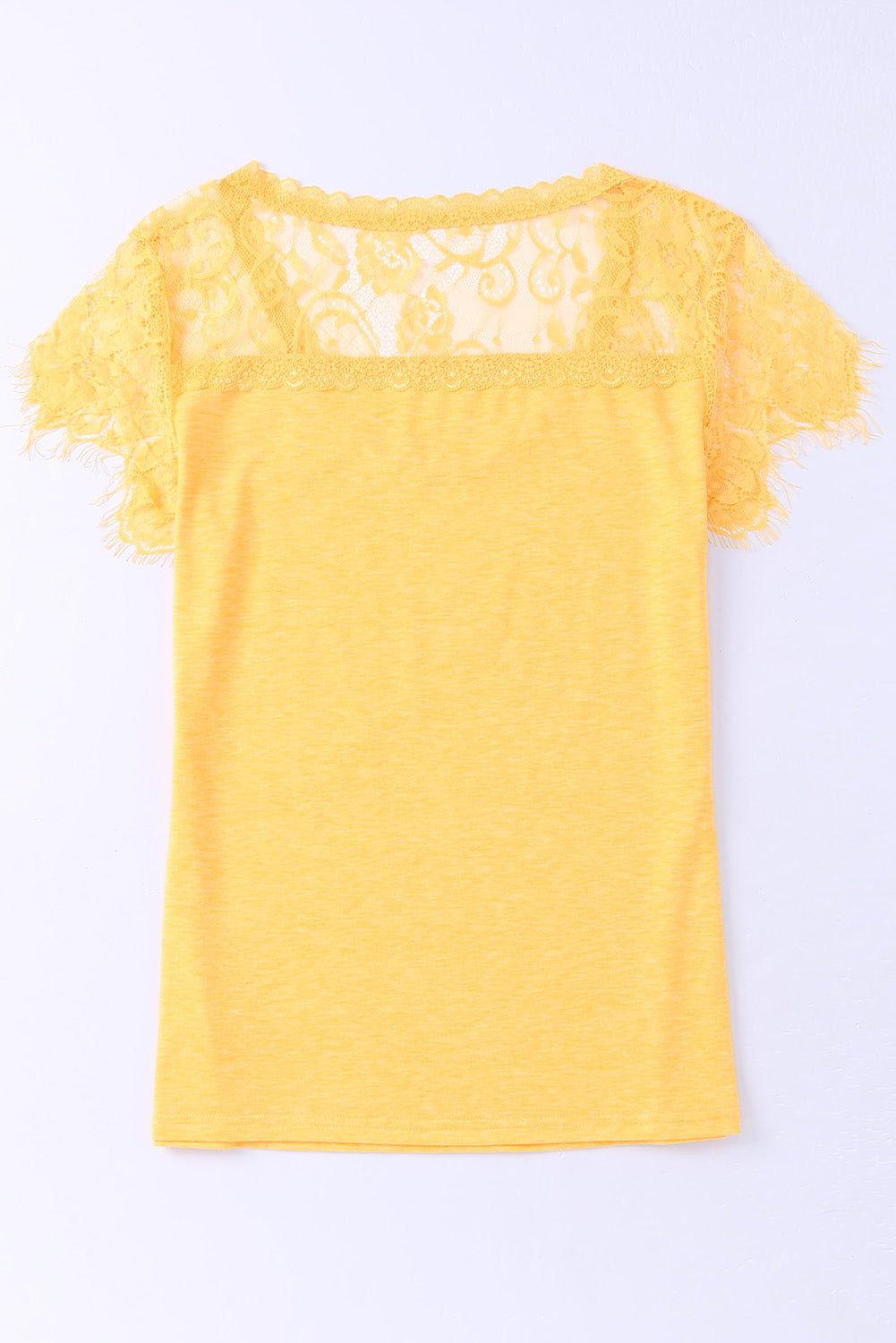 Crochet de encaje amarillo Camiseta Camiseta U Neck