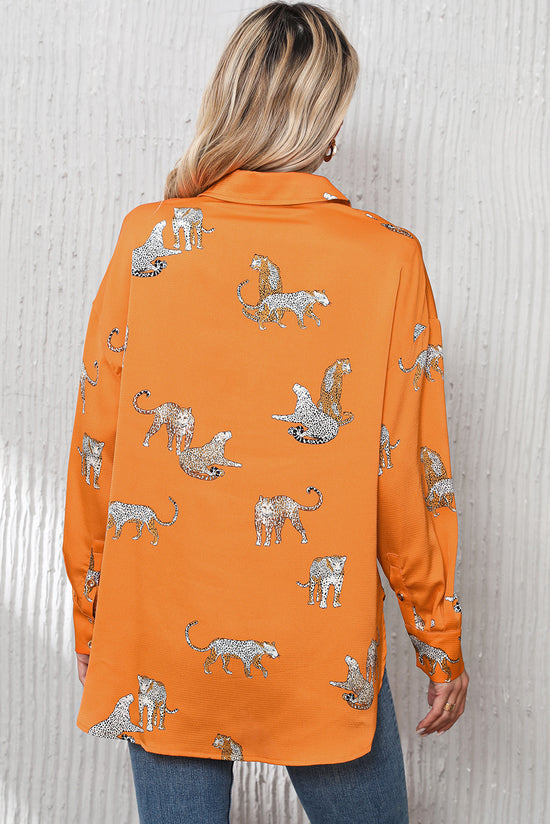 Shirt buttoned in satin with Russet Orange Guépard Print Print