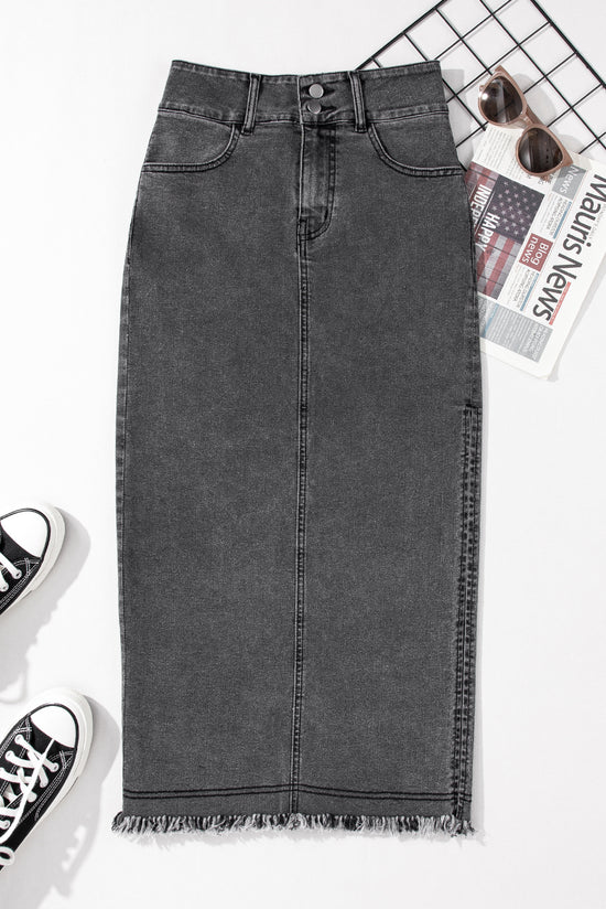 MIDI Skirt in black denim with raw edges and side slits