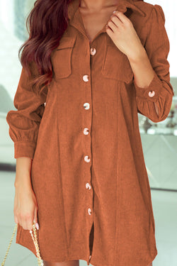 Khaki Corduroy Long Sleeve Button Down Shirt Dress