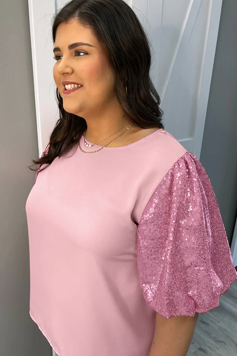 Pink Contrast Sequin Bubble Sleeve Plus Size T-shirt