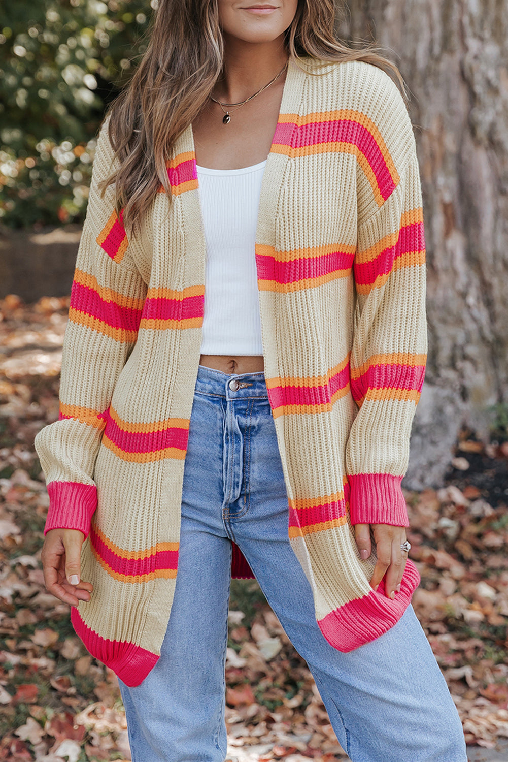 Stripe Printed Ribbed Long Knitted Cardigan