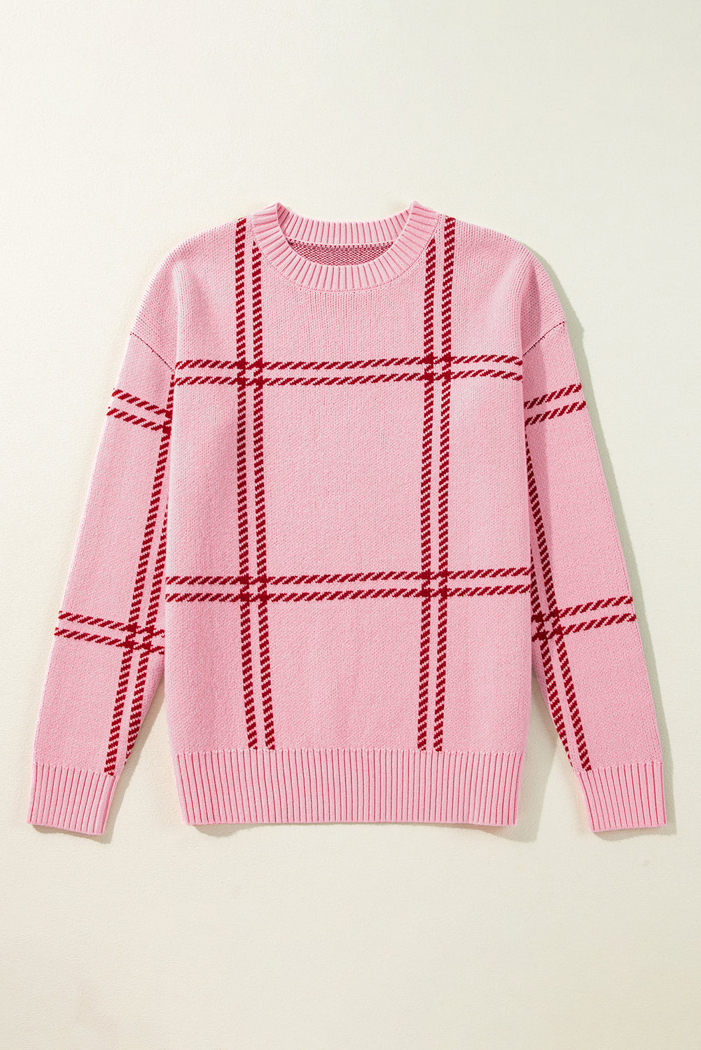 Pink Plaid Knitted Drop Shoulder Sweater