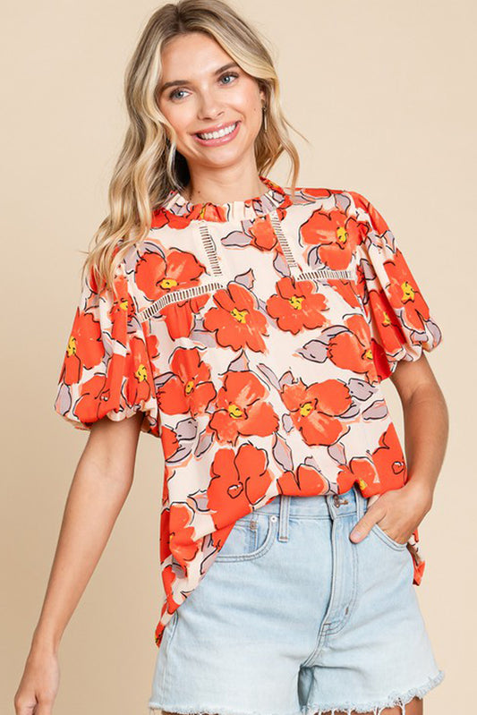 Orange Floral Bubble Sleeve Frill Neck Loose Blouse