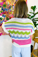 High white sweater with short sleeves and knitted ruffles in COLOR BLOCK hook