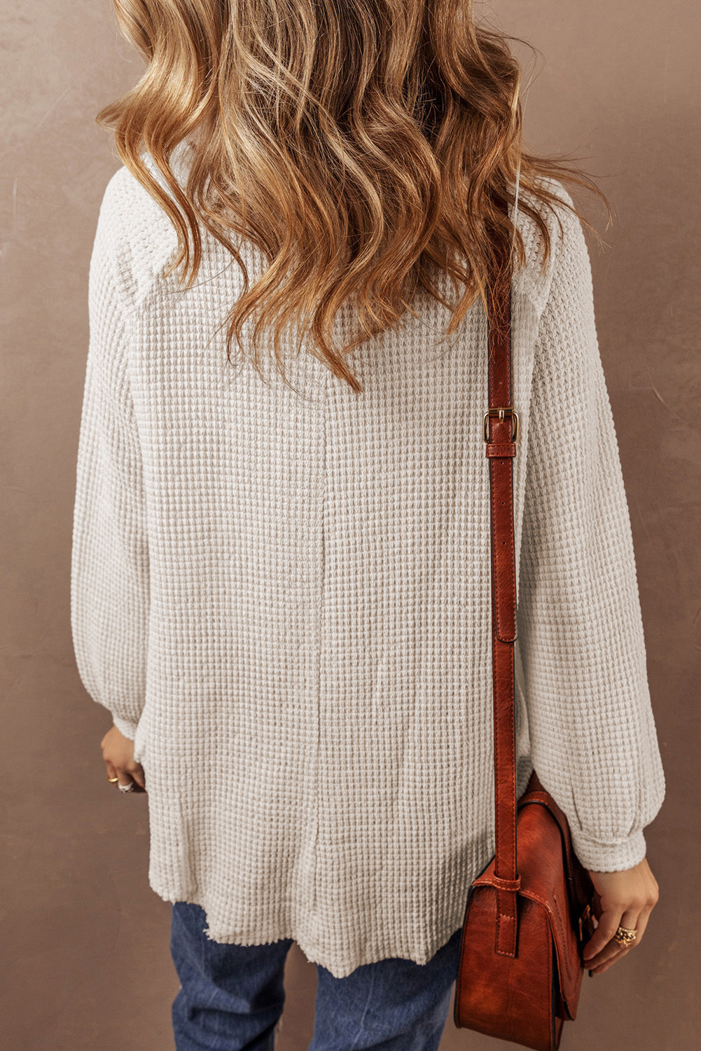 Oatmeal Waffle Knit Botoned Front Raglan manga blusa suelta