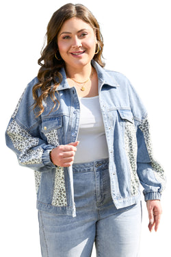 Beau Blue - Plus Size Denim Jacket with Flap Detail and Leopard Patchwork