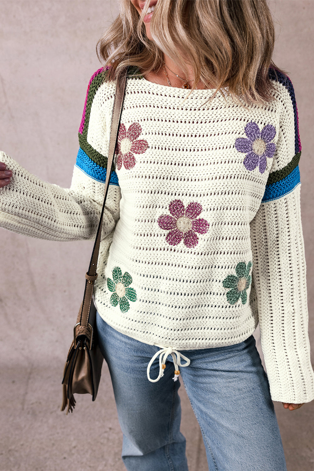 Pull en maille pointelle à fleurs de marguerite blanc