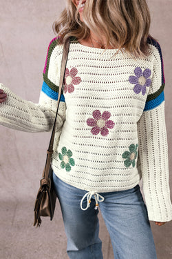 White Daisy Flower Pointelle Knit Sweater