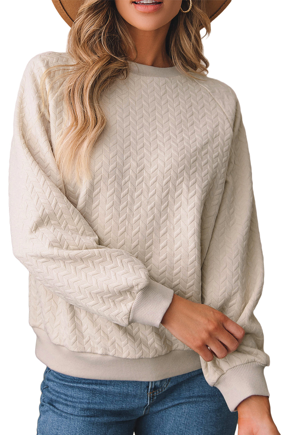 Beige solide strukturierte Raglan -Ärmelpullover Sweatshirt