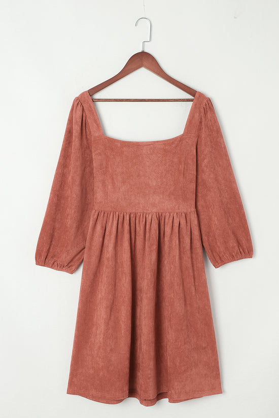 Brown suede dress with square neck and puffed sleeves