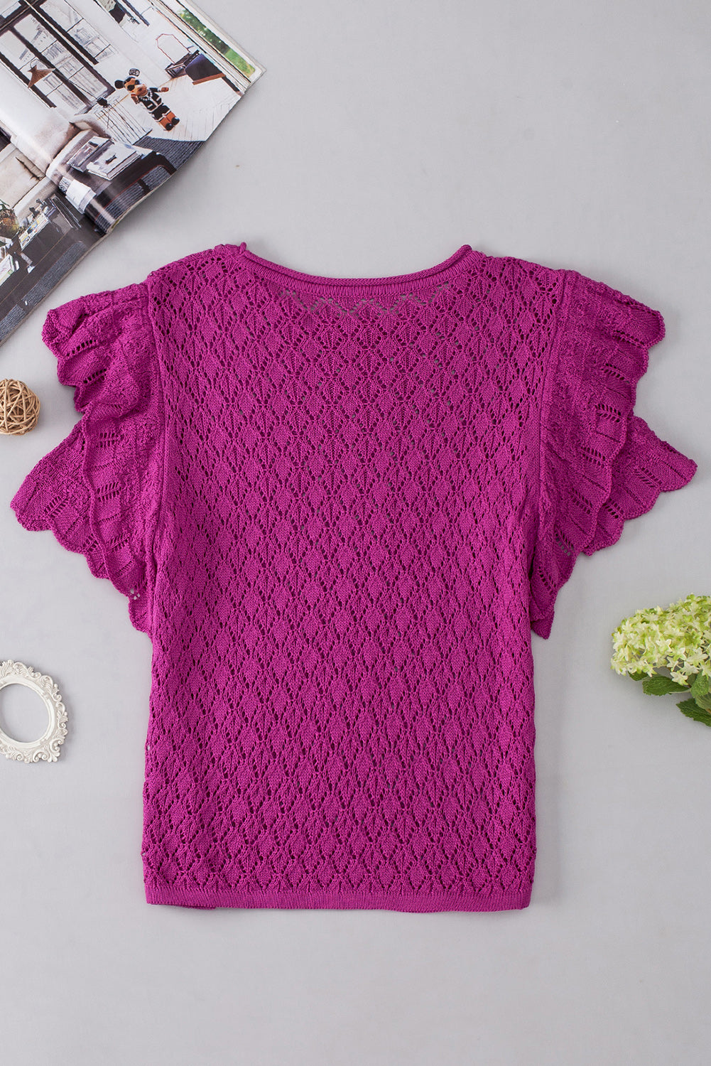 Violet Ruffled Short Sleeve Textured Knit Sweater