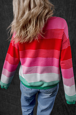 Pull shoulder sweater and knitted pink pocket pocket with pink stripes