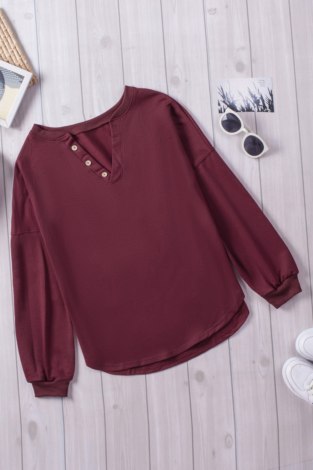 Wine Buttoned V Neck Cotton Loose Fit Top