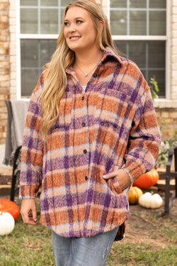 Plus Size Multicolor Plaid Print Collar Button Down Jacket