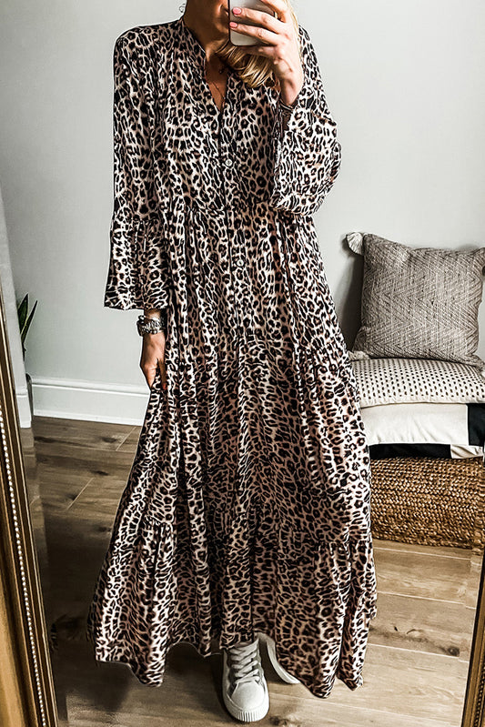 Aprikosen -Leoparden -Print -Maxikleid mit breitem Ärmel