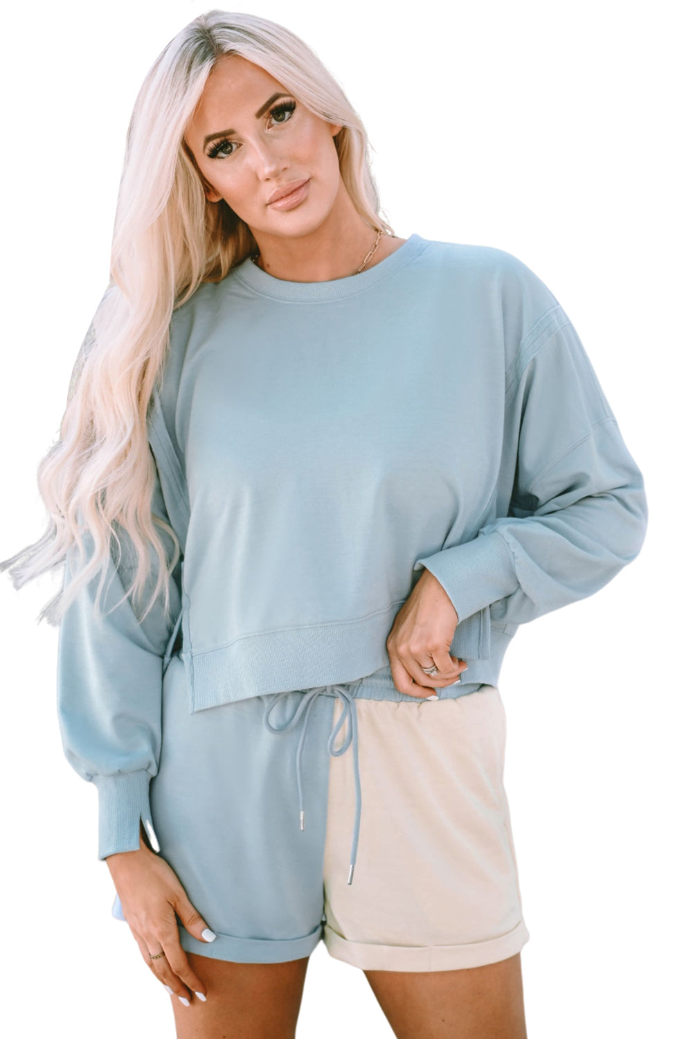 Sky Blue Split Saum Sweatshirt Farbblock Shorts Set Set