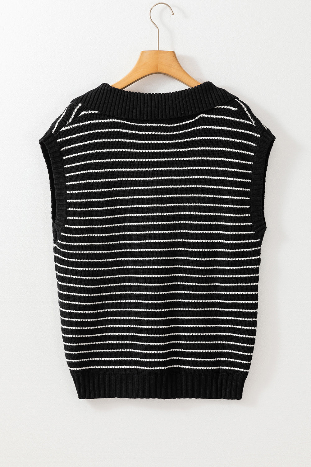 Black Stripe Turn-down V Neck Sweater Tank Top