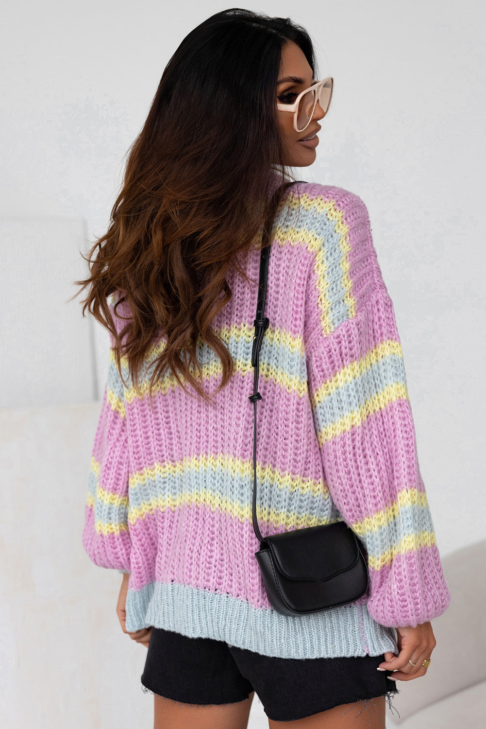 Cardigan torsadé ouvert sur le devant à rayures contrastées rose-A WOMAN WE LOVE
