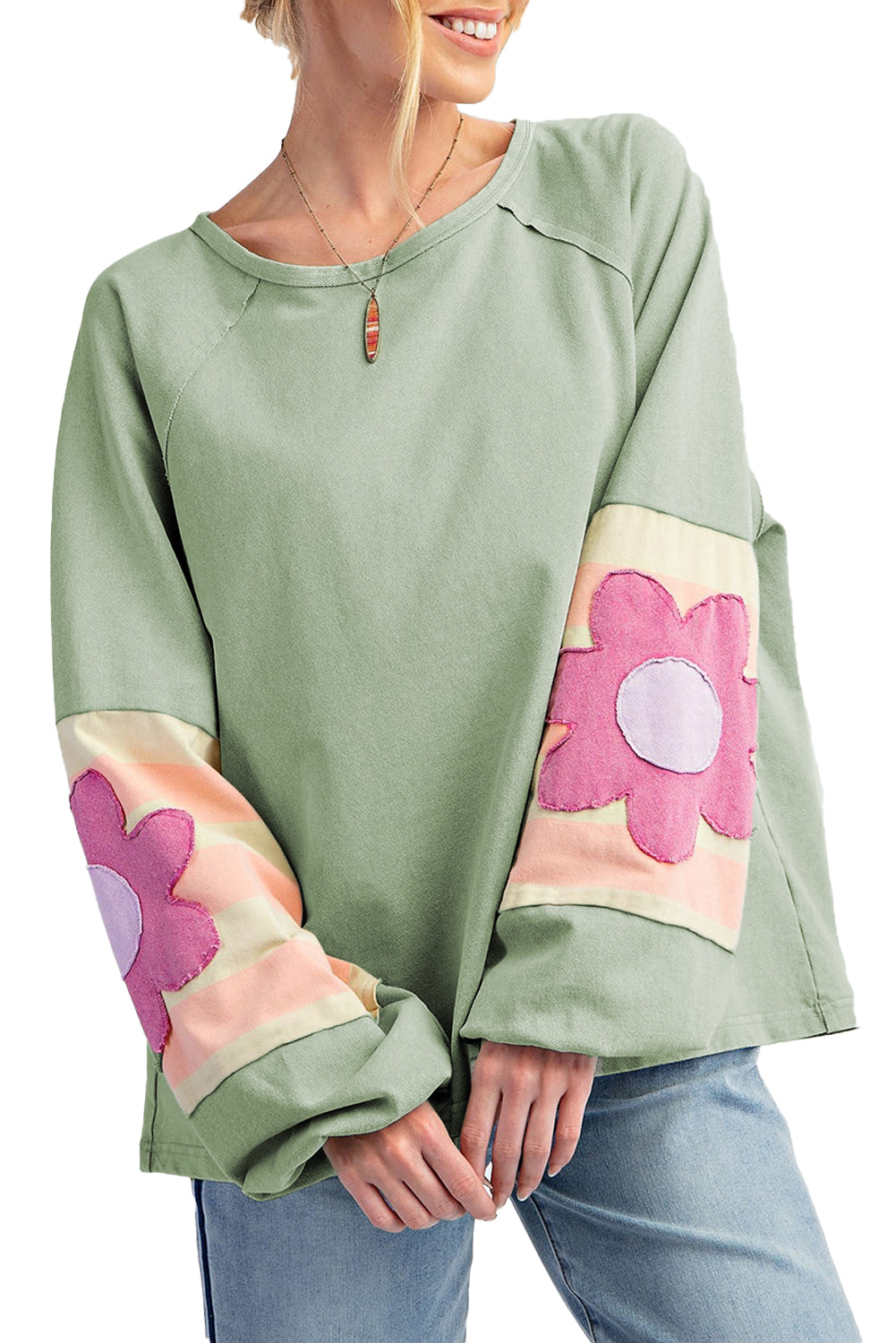 Haut surdimensionné à manches raglan et coutures apparentes en patchwork de fleurs vert fumée