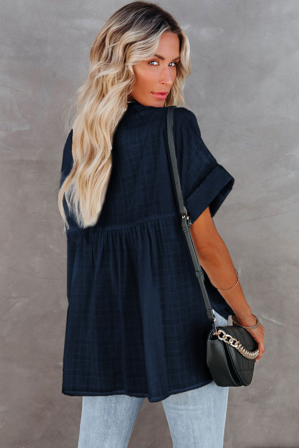 Navy Plaid Print Lose V Neck Kurzarmhemd mit Schlitzen