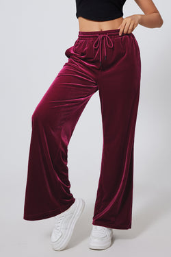 Pantalon large bordeaux uni à taille avec cordon de serrage