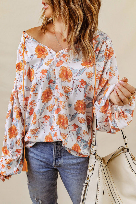 Orange Split V Neck Blumendruck Dolman Bluse