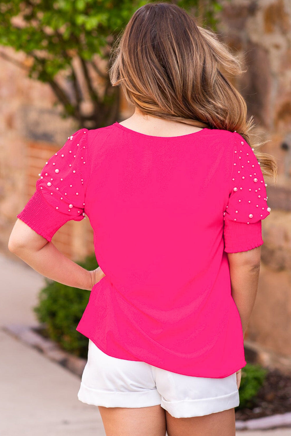 Rose Red Pearl Detail Puff Sleeve plus taille de taille