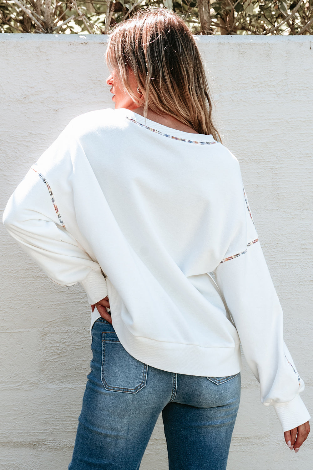 White Contrast Rainbow Trim Drop Shoulder Pullover Sweatshirt