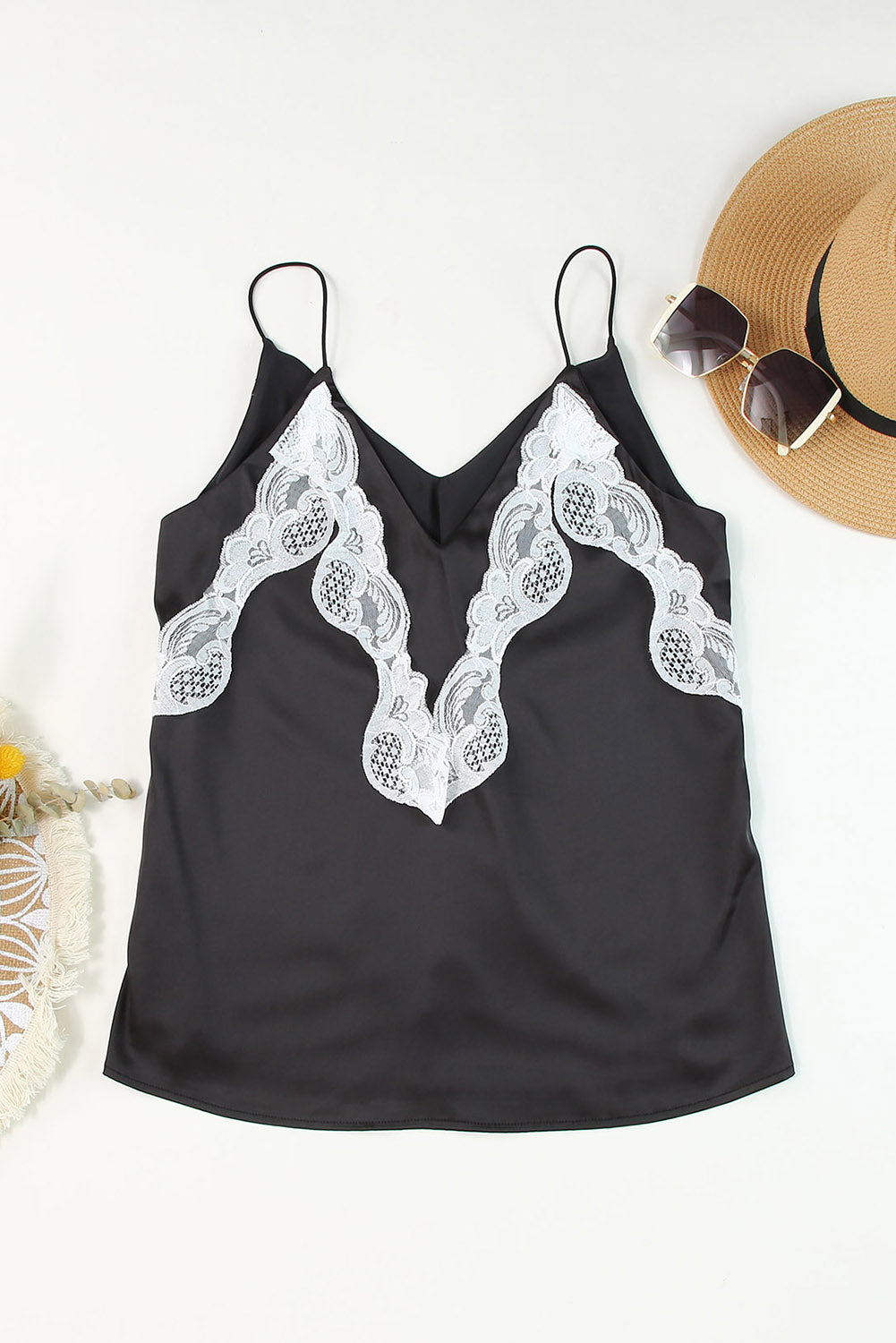 Black Lace Splicing Spaghetti Straps Vest