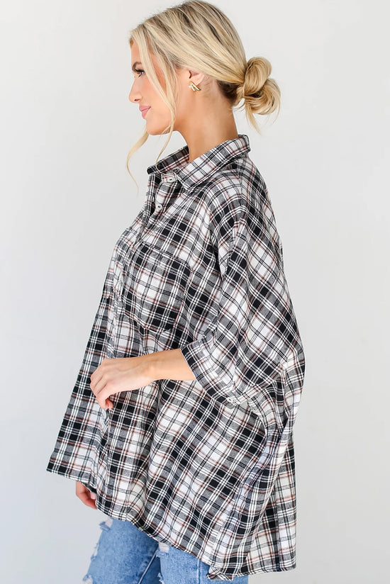 Chemise oversize noire à carreaux et poches poitrine