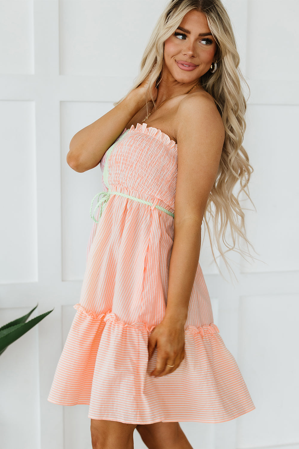 Pink Striped Color Block Smocked Button Ruffle Strapless Mini Dress