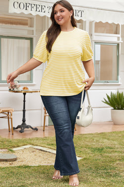 Yellow sweater with stripes and short puffy sleeves, large size