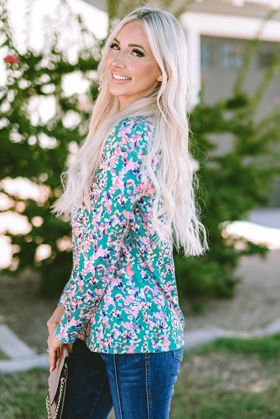 Ploted blouse with round -neck flowers and long green sleeves