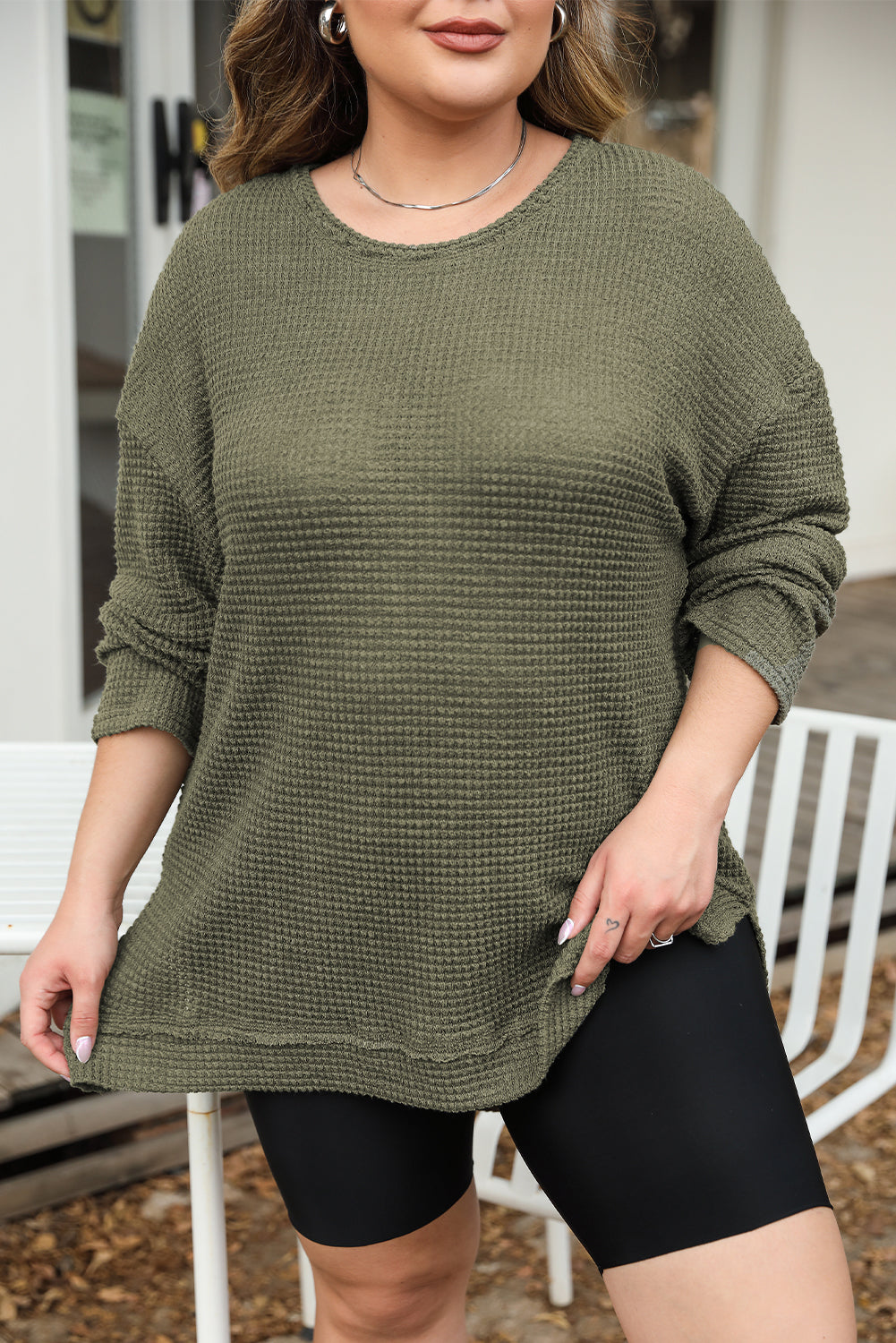 Moss Green Plus Size Textured Knit Long Sleeve Top