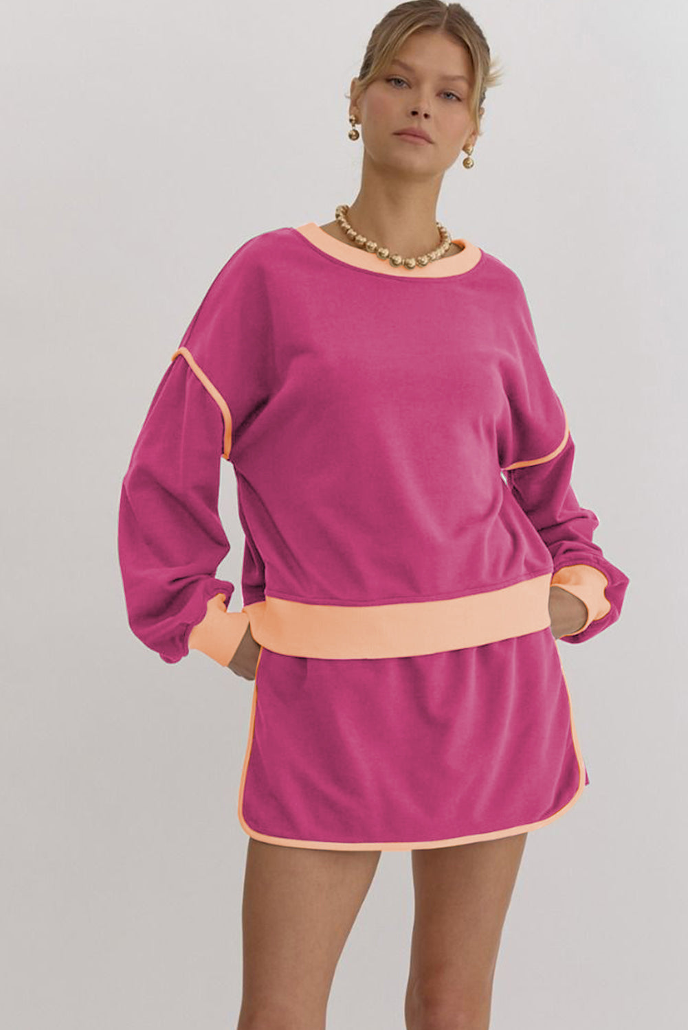 Pink -colored large -colored sweater set *